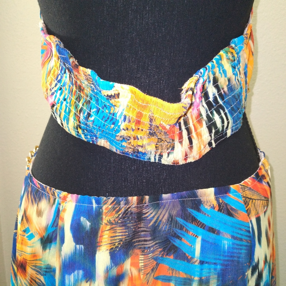 Tropical Vibrant Multi Colored Cutout Chain Link Maxi Halter Dress- Size Large - Picture 9 of 12
